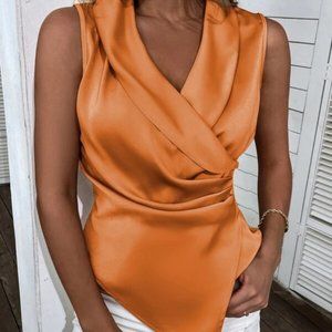 Satin Shawl Collar Asymmetrical Hem Blouse Orange